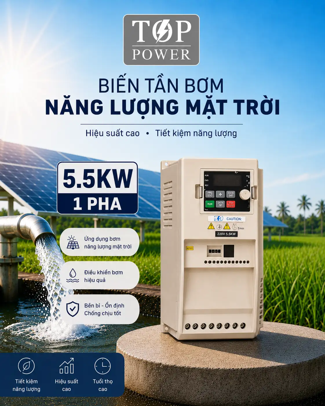 Alternative view of (5.5KW 1 PHA) BIẾN TẦN BƠM NƯỚC NĂNG LƯỢNG MẶT TRỜI TOP POWER