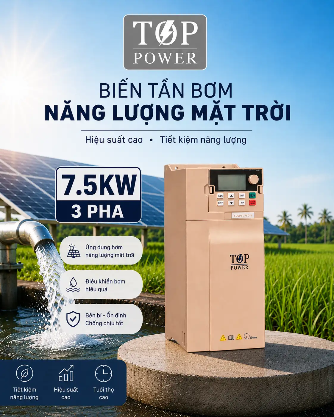 Alternative view of (7.5KW 3 PHA) BIẾN TẦN BƠM NƯỚC NĂNG LƯỢNG MẶT TRỜI TOP POWER